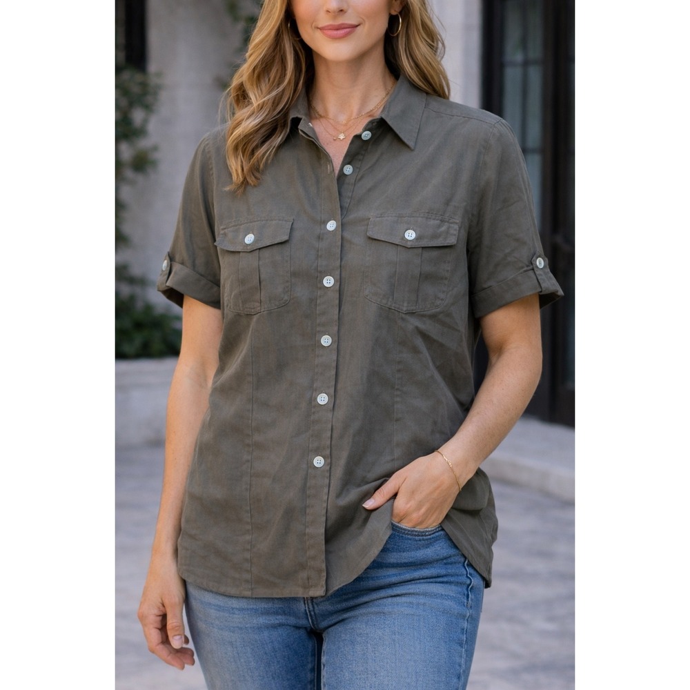 Silk Essentials Womens 100% Silk Short Sleeve Button Down Shirt Olive Green
